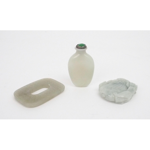 2378 - A CHINESE JADEITE PENDANT Carved with a feline on a fruit, 5cm high, Bi disc, 6.5cm wide and a ... 