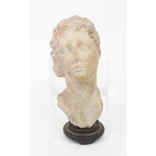 2383 - A CLASSICAL GREEK STYLE MARBLE MALE PORTRAIT BUST 13cm high, a bronze recumbent lion paper weig... 