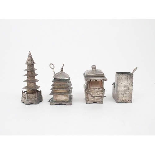 2385 - A CHINESE SILVER CRUET SET Comprising; pagoda salt, pagoda mustard pot, sedan chaie pot and brick st... 