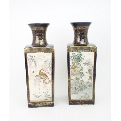 2394 - A PAIR OF SATSUMA SQUARE VASES Painted with panels of figures, landscapes and birds, divided by blue... 