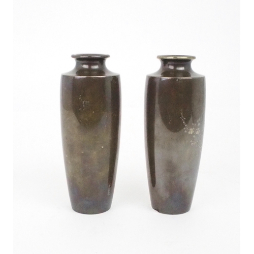 2396 - A PAIR OF JAPANESE BRONZE SLENDER VASES Decorated with a cockerel perched on a blossoming branch, si... 