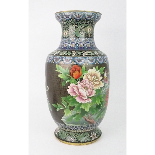 2398 - A LARGE CHINESE CLOISONNE BALUSTER VASE Decorated with exotic birds amongst foliage and within ... 