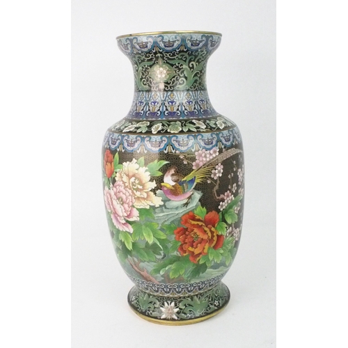 2398 - A LARGE CHINESE CLOISONNE BALUSTER VASE Decorated with exotic birds amongst foliage and within ... 