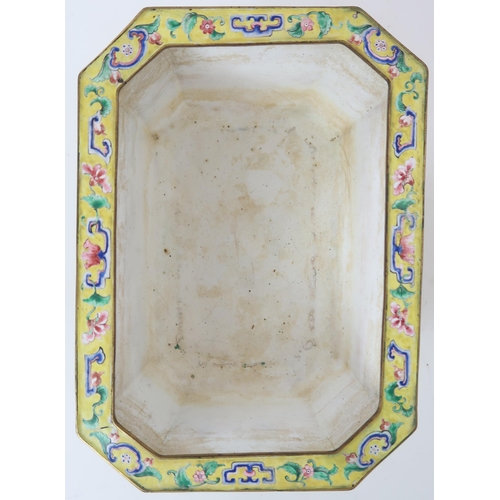 2401 - A CANTON ENAMEL YELLOW GROUND JARDINIERE Painted with peonies and scrolling foliage, beneath a blue ... 