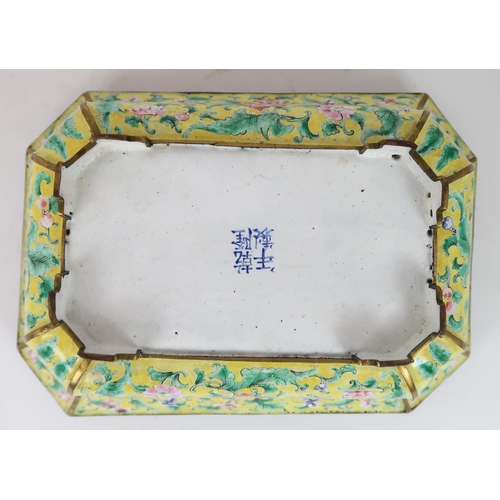 2401 - A CANTON ENAMEL YELLOW GROUND JARDINIERE Painted with peonies and scrolling foliage, beneath a blue ... 