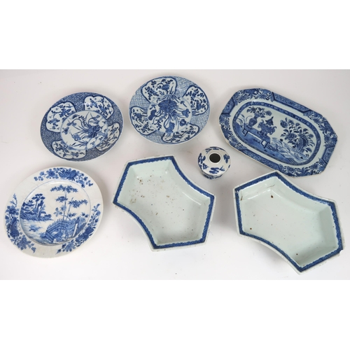 2403 - A PAIR OF CHINESE BLUE AND WHITE HEXAGONAL SHAPED DISHES Painted with phoenix and foliage and o... 