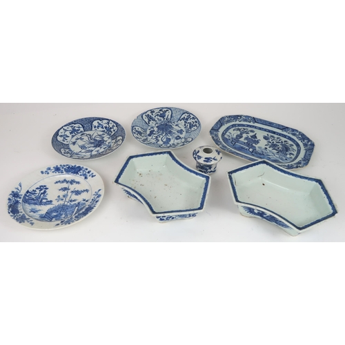 2403 - A PAIR OF CHINESE BLUE AND WHITE HEXAGONAL SHAPED DISHES Painted with phoenix and foliage and o... 