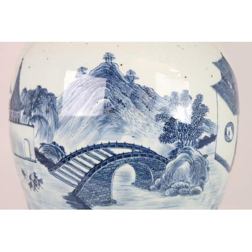 2408 - A CHINESE EXPORT BLUE AND WHITE TEA JAR AND A COVER Painted with figures approaching a bri... 