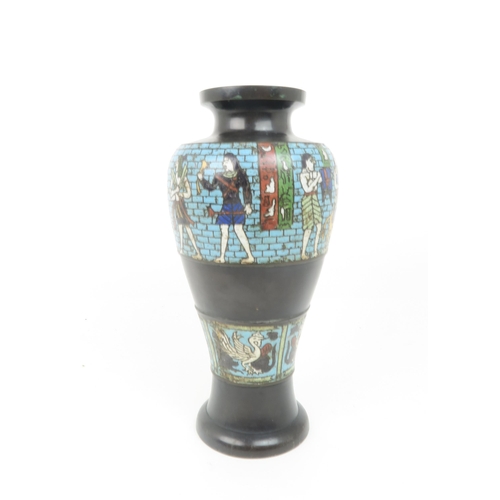 2415 - A CHINESE CLOISONNE EGYPTIAN REVIVAL VASE Decorated with a frieze of figures above a frieze of birds... 