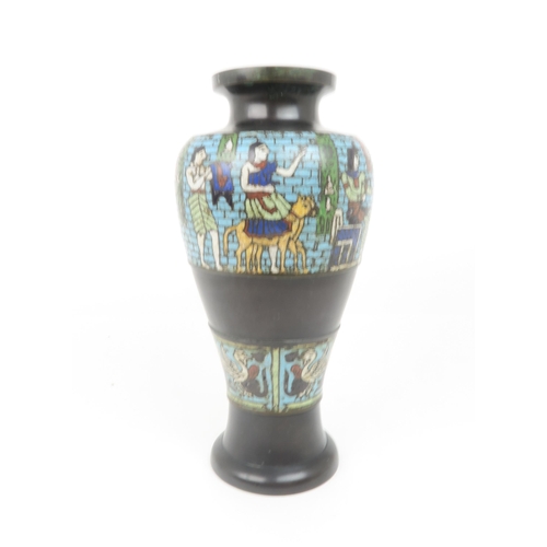 2415 - A CHINESE CLOISONNE EGYPTIAN REVIVAL VASE Decorated with a frieze of figures above a frieze of birds... 