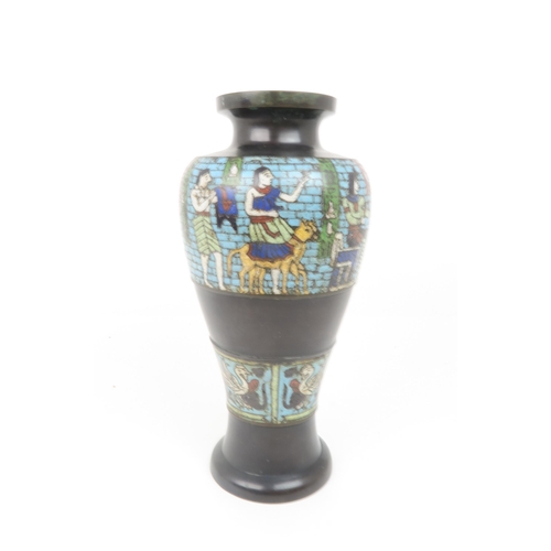 2415 - A CHINESE CLOISONNE EGYPTIAN REVIVAL VASE Decorated with a frieze of figures above a frieze of birds... 