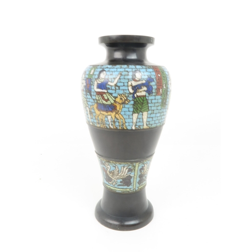 2415 - A CHINESE CLOISONNE EGYPTIAN REVIVAL VASE Decorated with a frieze of figures above a frieze of birds... 