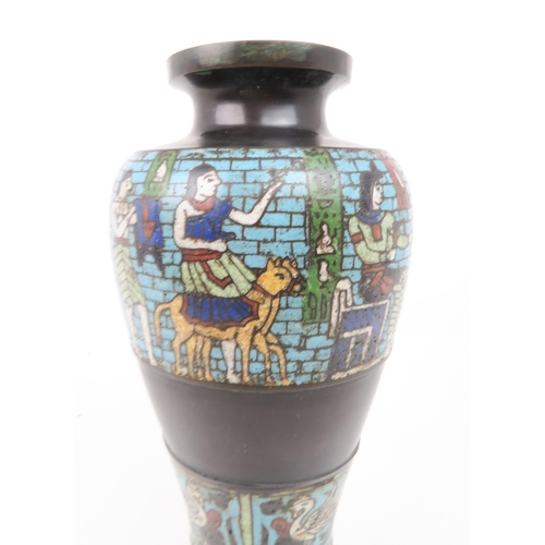 2415 - A CHINESE CLOISONNE EGYPTIAN REVIVAL VASE Decorated with a frieze of figures above a frieze of birds... 