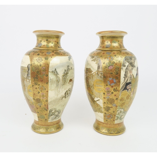 2416 - A PAIR OF SATSUMA BALUSTER VASES Decorated with Sennin, Samurai and attendants within gilt foli... 