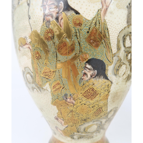 2416 - A PAIR OF SATSUMA BALUSTER VASES Decorated with Sennin, Samurai and attendants within gilt foli... 