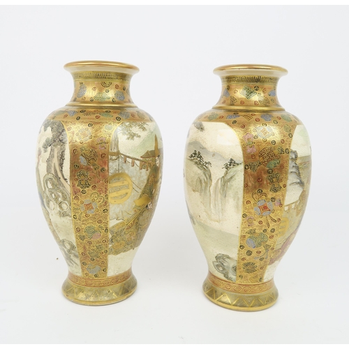 2416 - A PAIR OF SATSUMA BALUSTER VASES Decorated with Sennin, Samurai and attendants within gilt foli... 