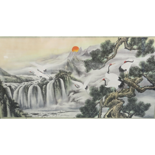 2425 - CHINESE SCHOOL LANDSCAPE PAINTING With red capped cranes amongst pine and before a waterfall, w... 