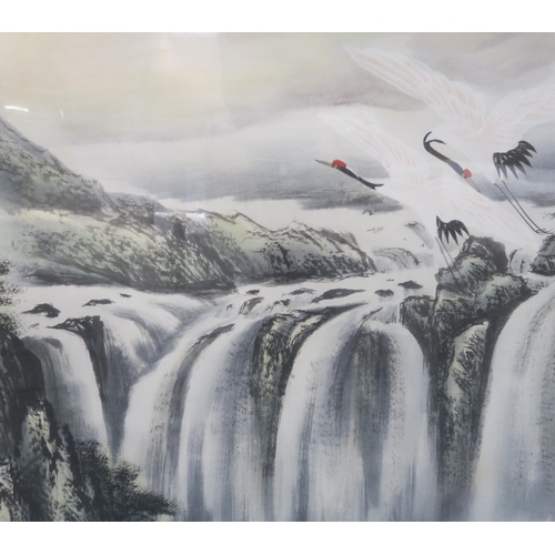 2425 - CHINESE SCHOOL LANDSCAPE PAINTING With red capped cranes amongst pine and before a waterfall, w... 