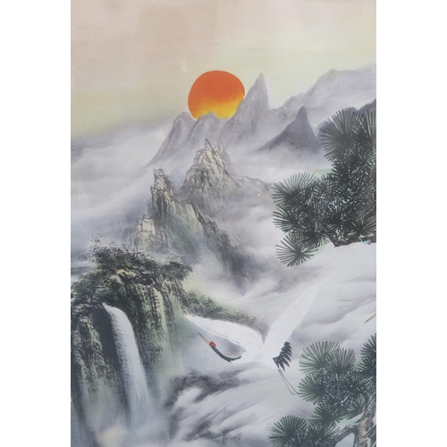 2425 - CHINESE SCHOOL LANDSCAPE PAINTING With red capped cranes amongst pine and before a waterfall, w... 