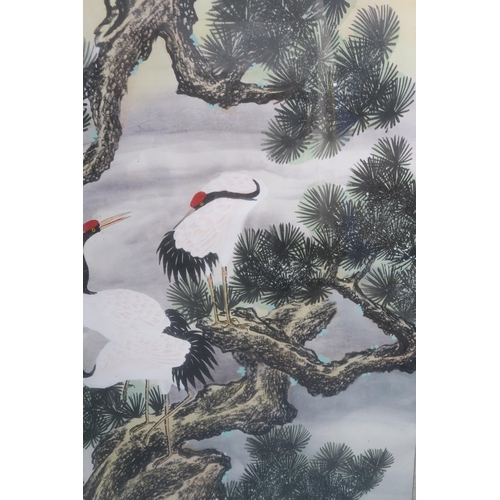 2425 - CHINESE SCHOOL LANDSCAPE PAINTING With red capped cranes amongst pine and before a waterfall, w... 