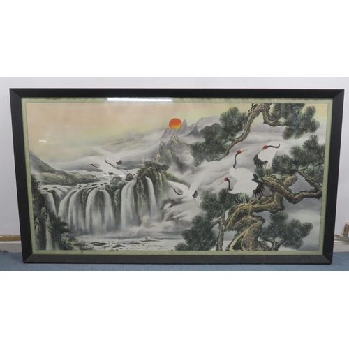 2425 - CHINESE SCHOOL LANDSCAPE PAINTING With red capped cranes amongst pine and before a waterfall, w... 