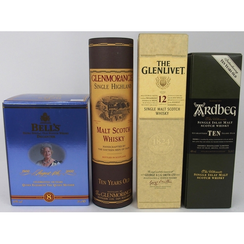 2694 - SCOTCH SINGLE MALT WHISKY ARDBEG TEN YEAR OLD, GLENMORANGIE TEN YEAR OLD, GLENLIVET 12 YEAR OLD toge... 