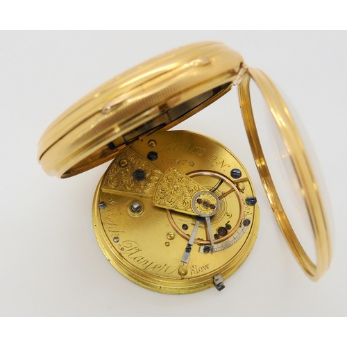 2887A - AN 18CT GOLD OPEN FACE POCKET WATCHwith gold coloured dial, with black roman numerals and blued stee... 