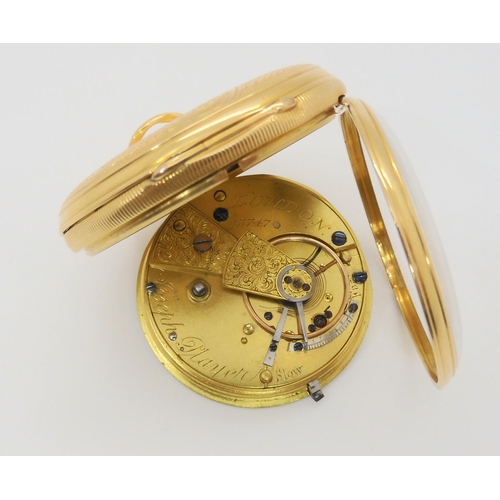 2887A - AN 18CT GOLD OPEN FACE POCKET WATCHwith gold coloured dial, with black roman numerals and blued stee... 