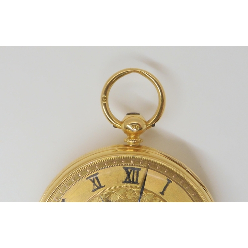 2887A - AN 18CT GOLD OPEN FACE POCKET WATCHwith gold coloured dial, with black roman numerals and blued stee... 