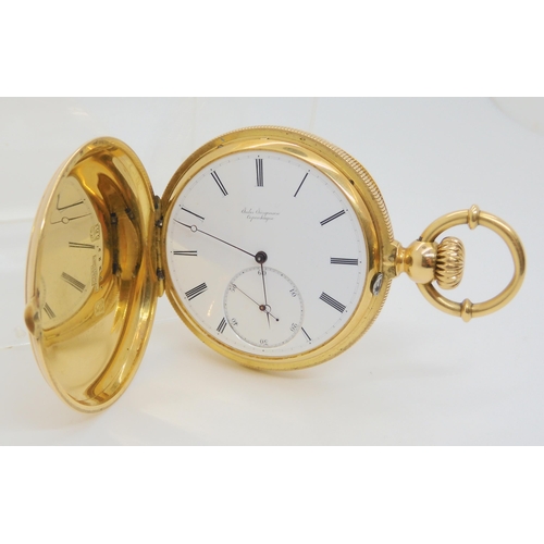 2891A - A DANISH 18CT GOLD FULL HUNTER POCKET WATCHThe dial, inner dust cover and mechanism signed Jules Jur... 