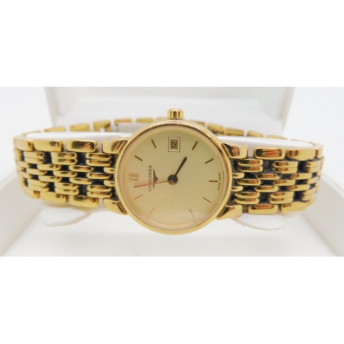 2893B - A GOLD PLATED LADIES LONGINESles grande classiques, du Longines, with gold coloured dial, baton nume... 