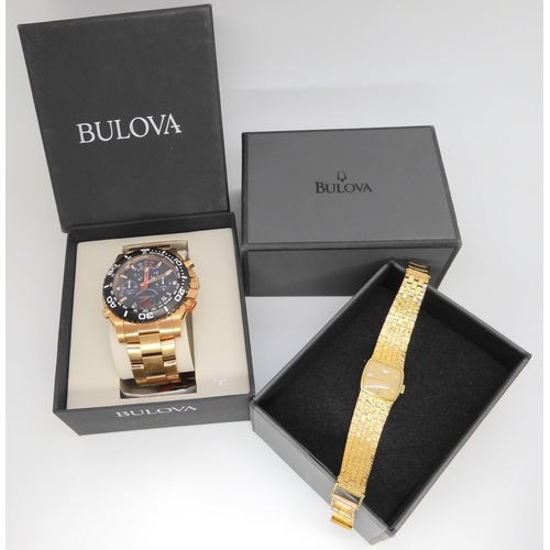 2895 - TWO BULOVA WATCHESa ladies gold plated example with gold coloured dial, baton numerals and hands. Wi... 