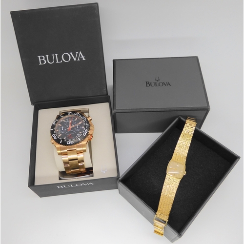 2895 - TWO BULOVA WATCHESa ladies gold plated example with gold coloured dial, baton numerals and hands. Wi... 