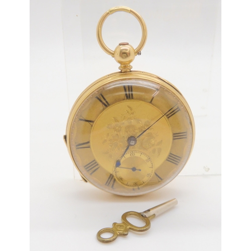 2896B - AN 18CT GOLD OPEN FACE POCKET WATCHwith gold coloured, dial black roman numerals, blued steel hands ... 