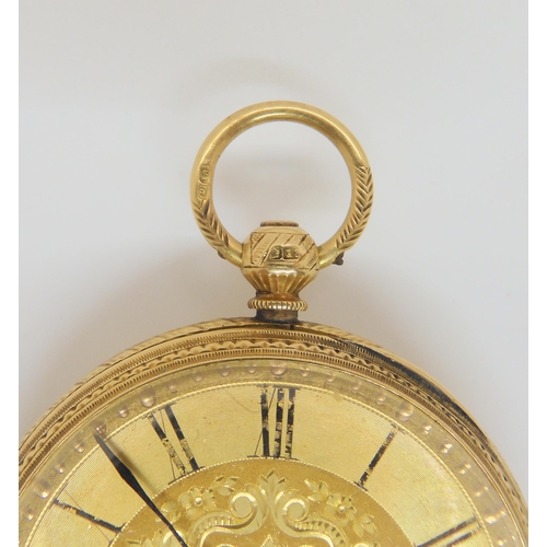 2897A - AN 18CT GOLD OPEN FACE POCKET WATCHwith all over floral engraving. Gold coloured dial with black rom... 