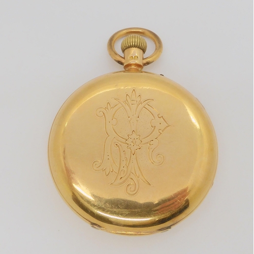 2899B - AN 18CT GOLD FULL HUNTER POCKET WATCHwith monogram to outer case. White enamelled dial with black ro... 