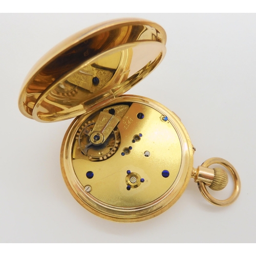 2899B - AN 18CT GOLD FULL HUNTER POCKET WATCHwith monogram to outer case. White enamelled dial with black ro... 