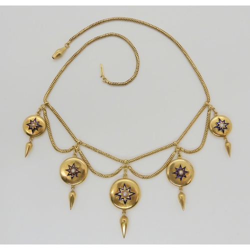 2726 - A VICTORIAN MOURNING NECKLACEwith five button shaped pendants, with blue enamel stars, each set with... 