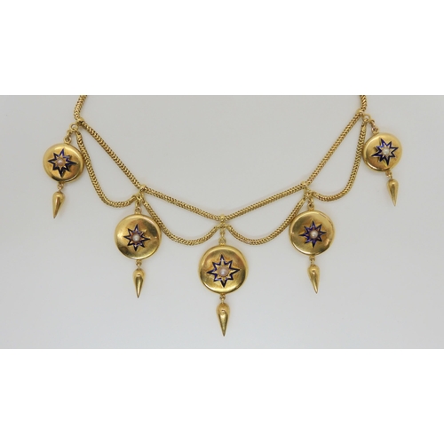 2726 - A VICTORIAN MOURNING NECKLACEwith five button shaped pendants, with blue enamel stars, each set with... 