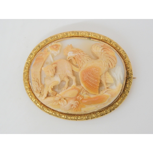 2730 - A CAT AND ROOSTER SHELL CAMEOan unusual theme in a 9ct gold brooch mount, well carved in high relief... 