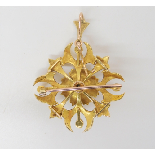 2744 - AN EDWARDIAN PENDANT BROOCHthe 15ct gold pendant is set with split pearls and a central old cut diam... 