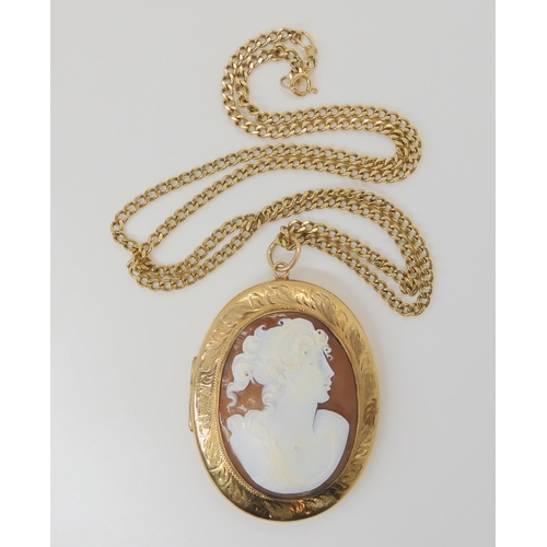 2767 - A LARGE 9CT CAMEO LOCKET & CHAINthe large locket 7cm (including bail) x 4.7cm, with full Birming... 