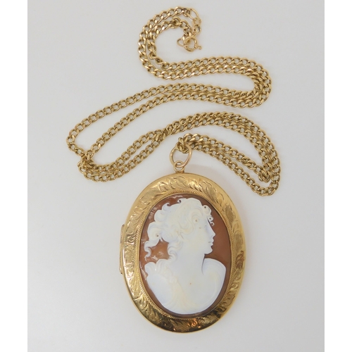 2767 - A LARGE 9CT CAMEO LOCKET & CHAINthe large locket 7cm (including bail) x 4.7cm, with full Birming... 