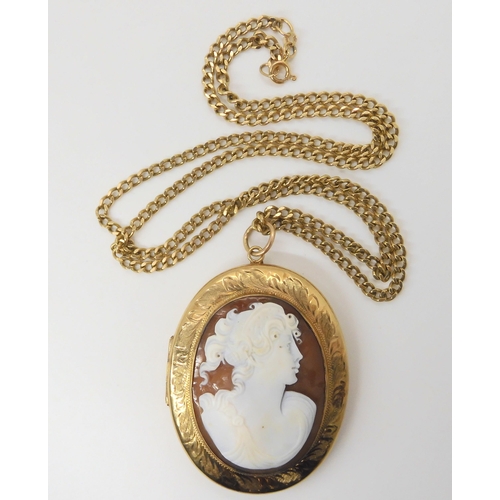 2767 - A LARGE 9CT CAMEO LOCKET & CHAINthe large locket 7cm (including bail) x 4.7cm, with full Birming... 