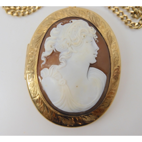 2767 - A LARGE 9CT CAMEO LOCKET & CHAINthe large locket 7cm (including bail) x 4.7cm, with full Birming... 