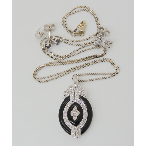 2774 - AN ONYX & DIAMOND PENDANT AND EARRINGSthe pendant stamped 14k, is set with estimated approx 0.50... 