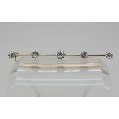 2805 - AN OLD CUT DIAMOND BROOCHthe yellow and white metal bar brooch set with estimated approx 0.80cts of ... 