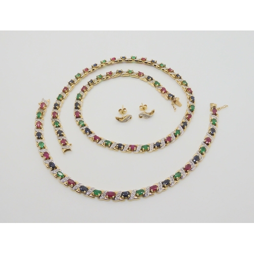 2815 - MIXED GEM NECKLET, BRACELET & EARRINGSboth items mounted in 9ct yellow gold. Set with the big fo... 