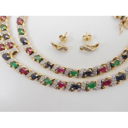 2815 - MIXED GEM NECKLET, BRACELET & EARRINGSboth items mounted in 9ct yellow gold. Set with the big fo... 