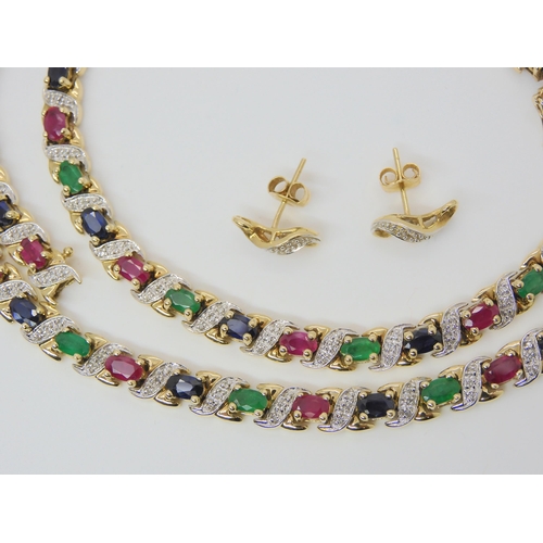 2815 - MIXED GEM NECKLET, BRACELET & EARRINGSboth items mounted in 9ct yellow gold. Set with the big fo... 